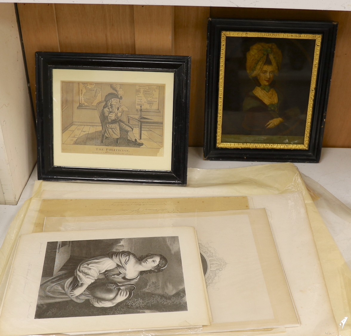 A group of assorted 18th and 19th century engravings, mostly unframed, together with a reverse print on glass of Mrs Frederick, 25 x 20cm